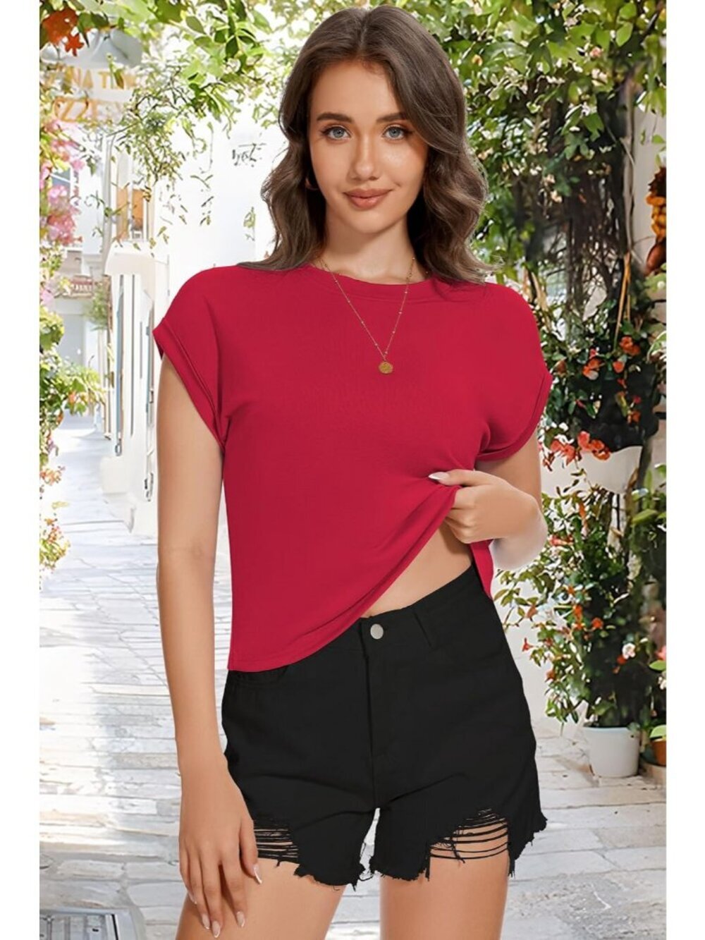 Women's Red Crew Neck Cap Sleeves Crop Summer Casual Pull On Basic Tees Shirts - Picture 3 of 6